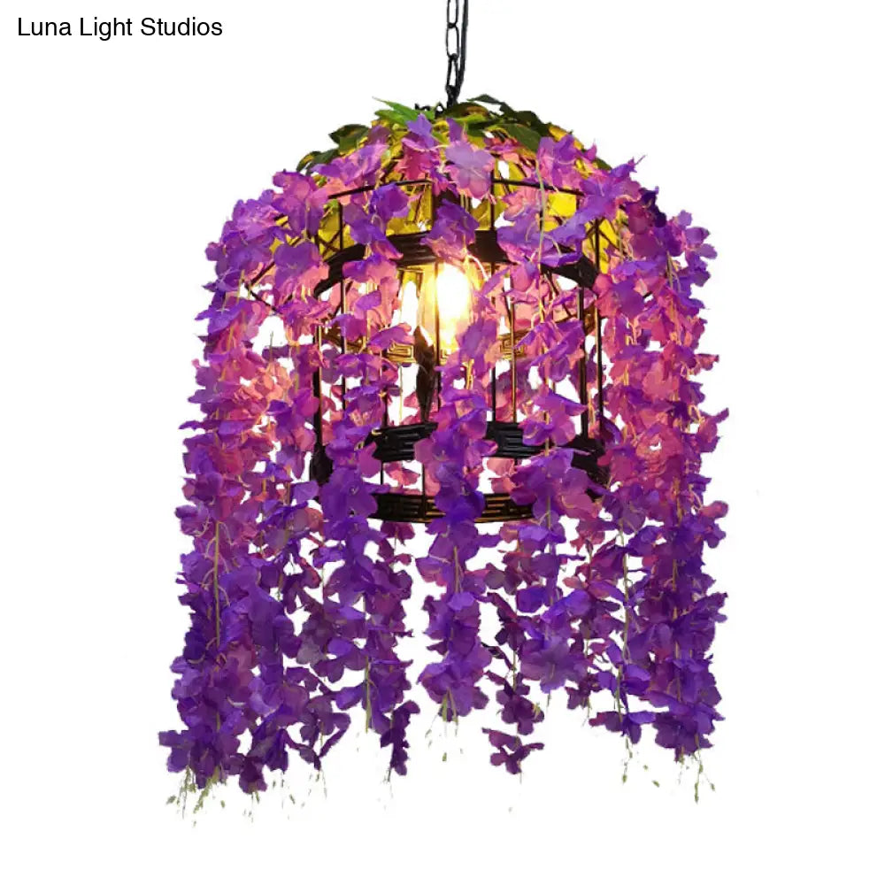 Vintage Drum Pendant Light - 1-Light Metal LED Flower Hanging Kit (Pink/Purple) for Restaurants
