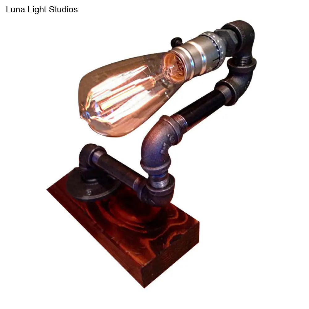 Vintage Exposed Bulb Metal Table Lamp with Wooden Base - Black