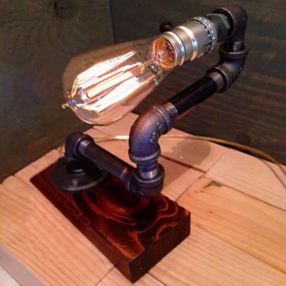 Vintage Exposed Bulb Metal Table Lamp with Wooden Base - Black