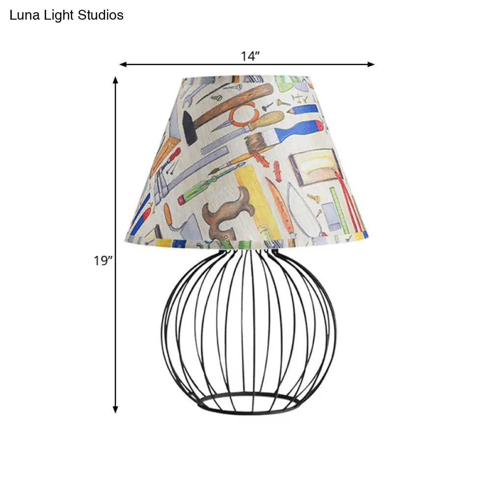 Vintage Fabric Black Nightstand Light with Orb Cage Base - Elegant Desk Lighting for Living Room and Bedrooms