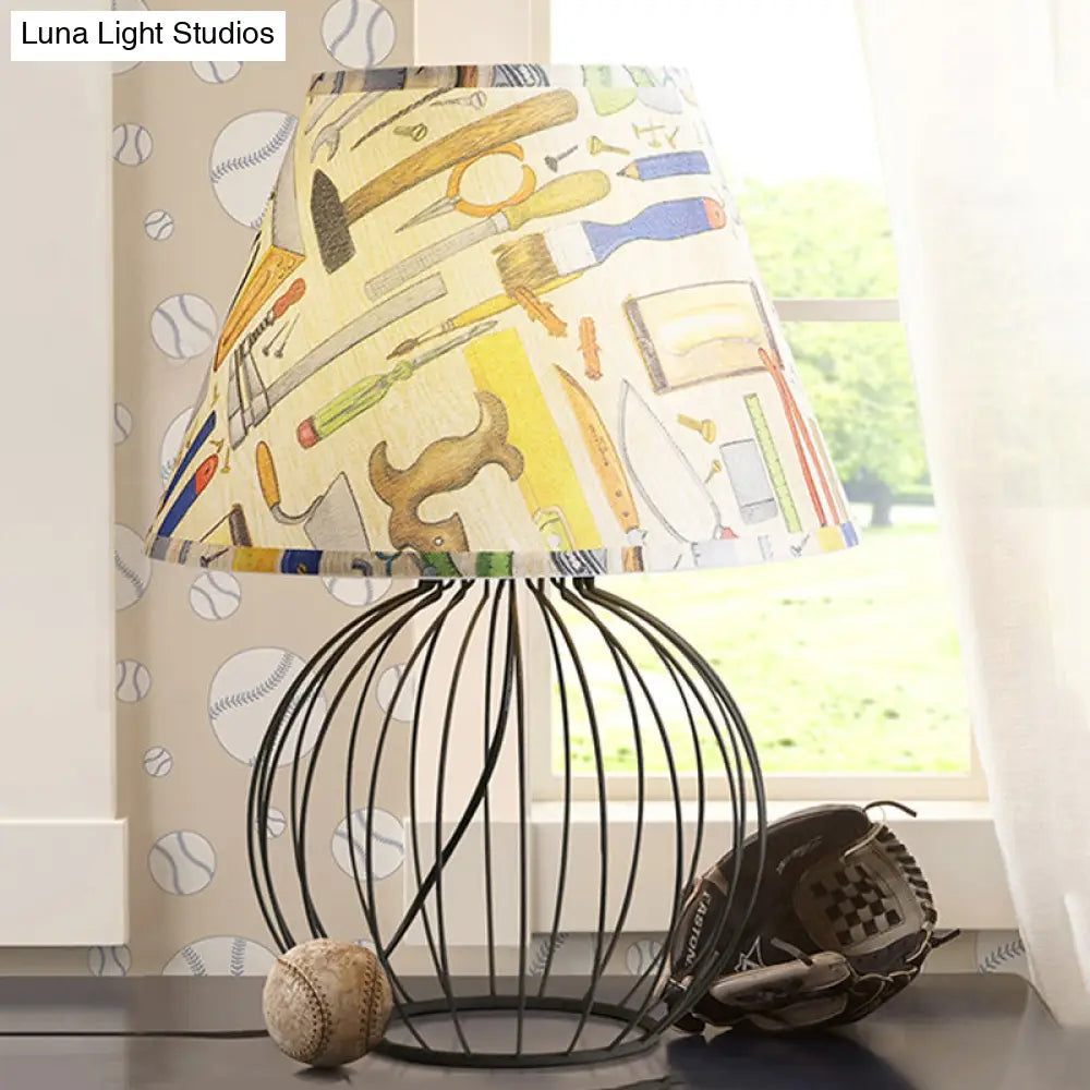 Vintage Fabric Black Nightstand Light with Orb Cage Base - Elegant Desk Lighting for Living Room and Bedrooms