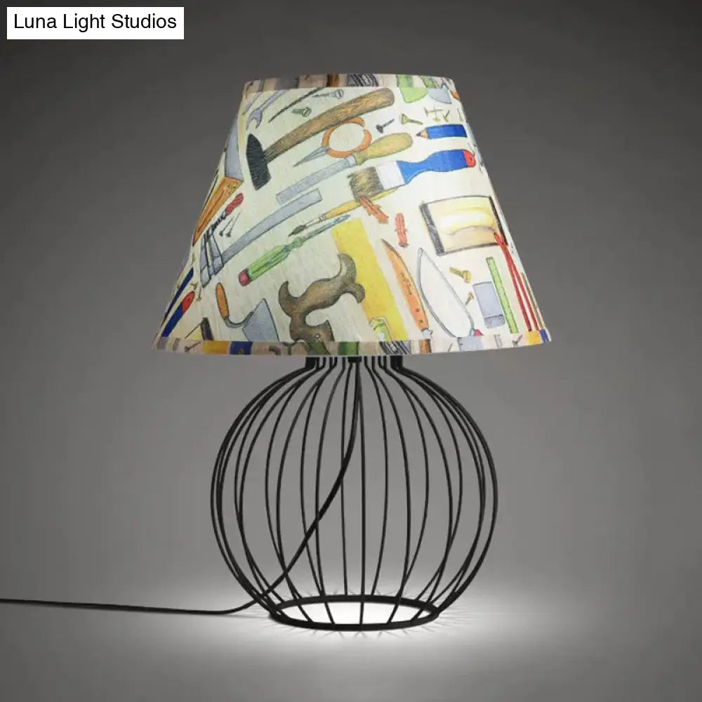 Vintage Fabric Black Nightstand Light with Orb Cage Base - Elegant Desk Lighting for Living Room and Bedrooms
