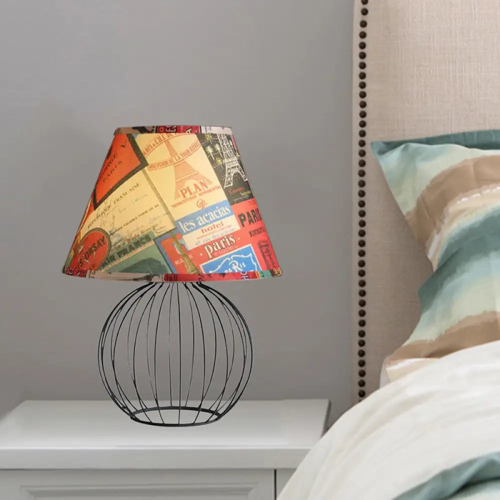 Vintage Fabric Black Nightstand Light with Orb Cage Base - Elegant Desk Lighting for Living Room and Bedrooms