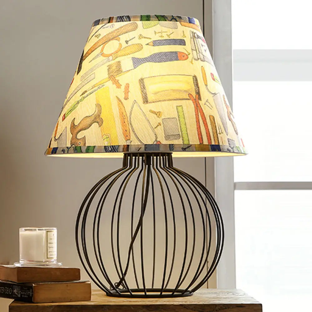 Vintage Fabric Black Nightstand Light with Orb Cage Base - Elegant Desk Lighting for Living Room and Bedrooms