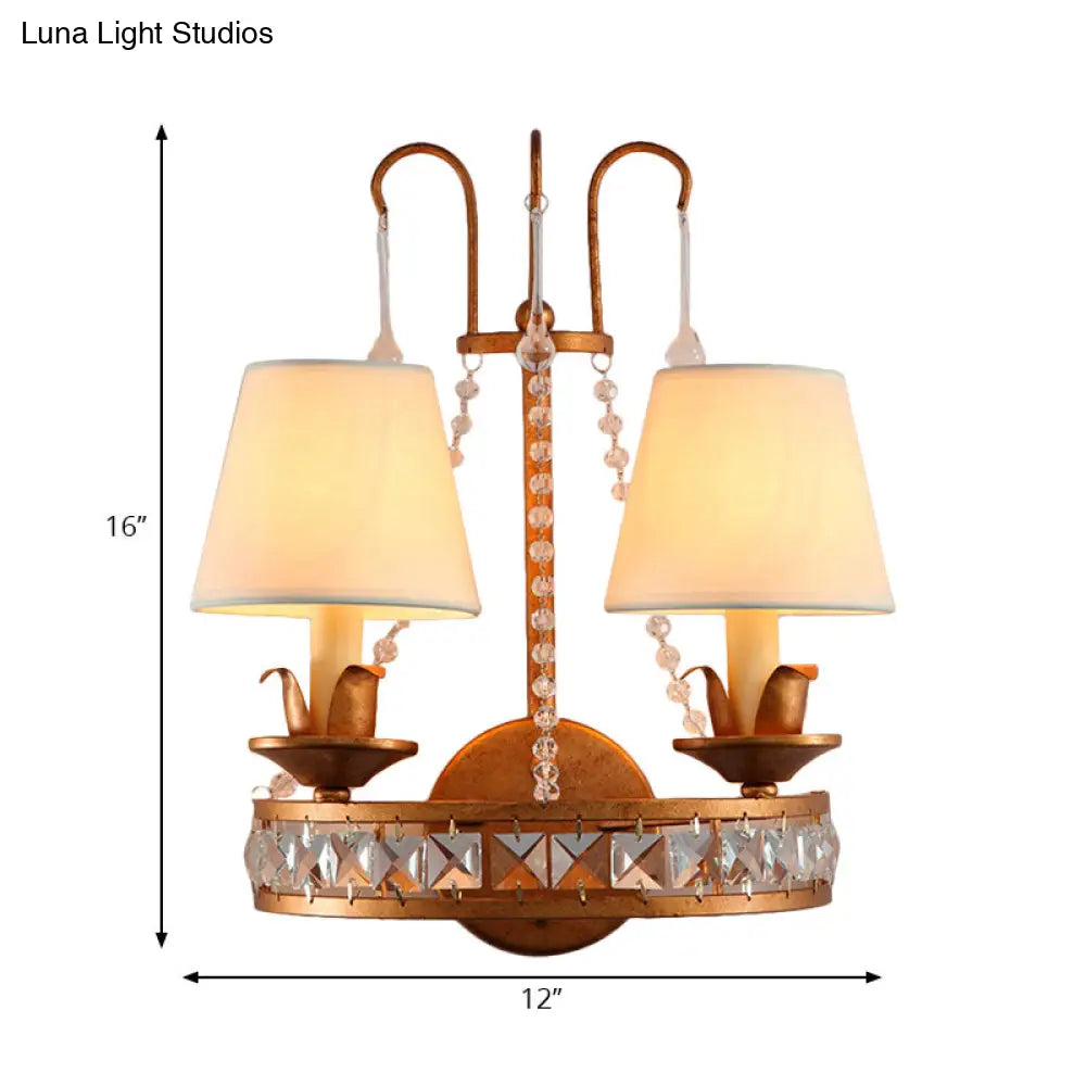 Vintage Fabric Cone Wall Lamp with Crystal Accent and Brass Finish - 2 Bulbs Included
