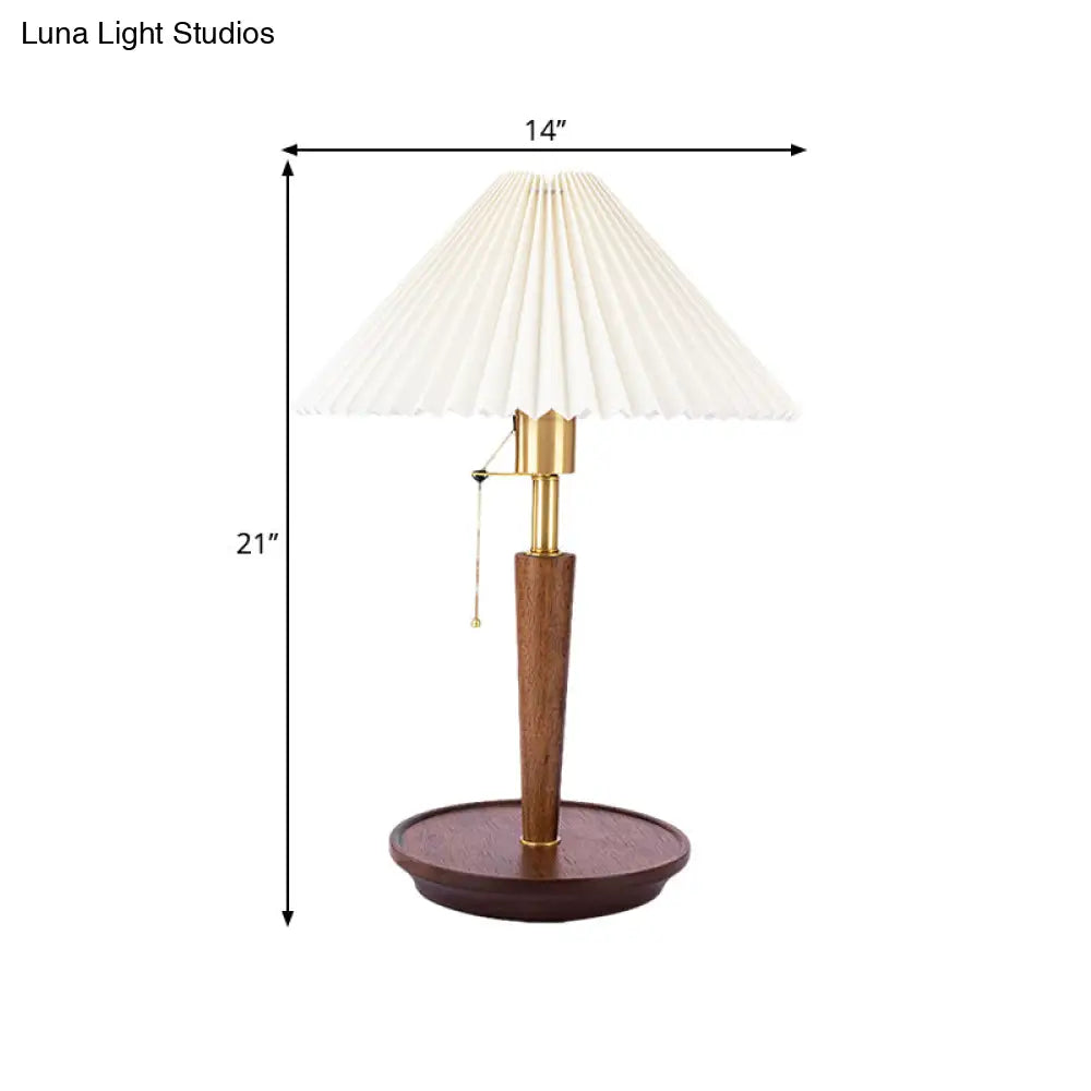 Vintage Fabric Fluted Cone Table Light with Wooden Base and Pull Chain - Ideal for Bedroom Reading - Dark Wood Finish