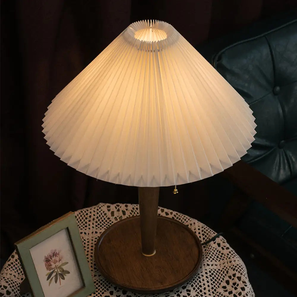 Vintage Fabric Fluted Cone Table Light with Wooden Base and Pull Chain - Ideal for Bedroom Reading - Dark Wood Finish