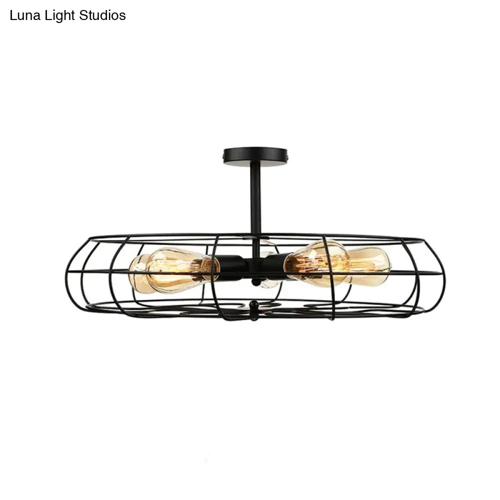 Vintage Fan Shaped 5-Light Iron Ceiling Light with Wire Cage Shade - Semi Flush Mount in Rust/Black, Ideal for Living Room