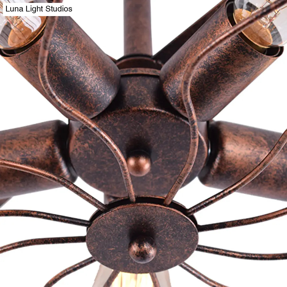 Vintage Fan Shaped 5-Light Iron Ceiling Light with Wire Cage Shade - Semi Flush Mount in Rust/Black, Ideal for Living Room