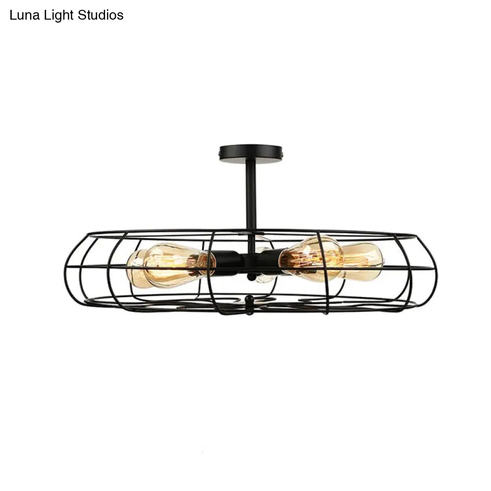 Vintage Fan Shaped 5-Light Iron Ceiling Light with Wire Cage Shade - Semi Flush Mount in Rust/Black, Ideal for Living Room