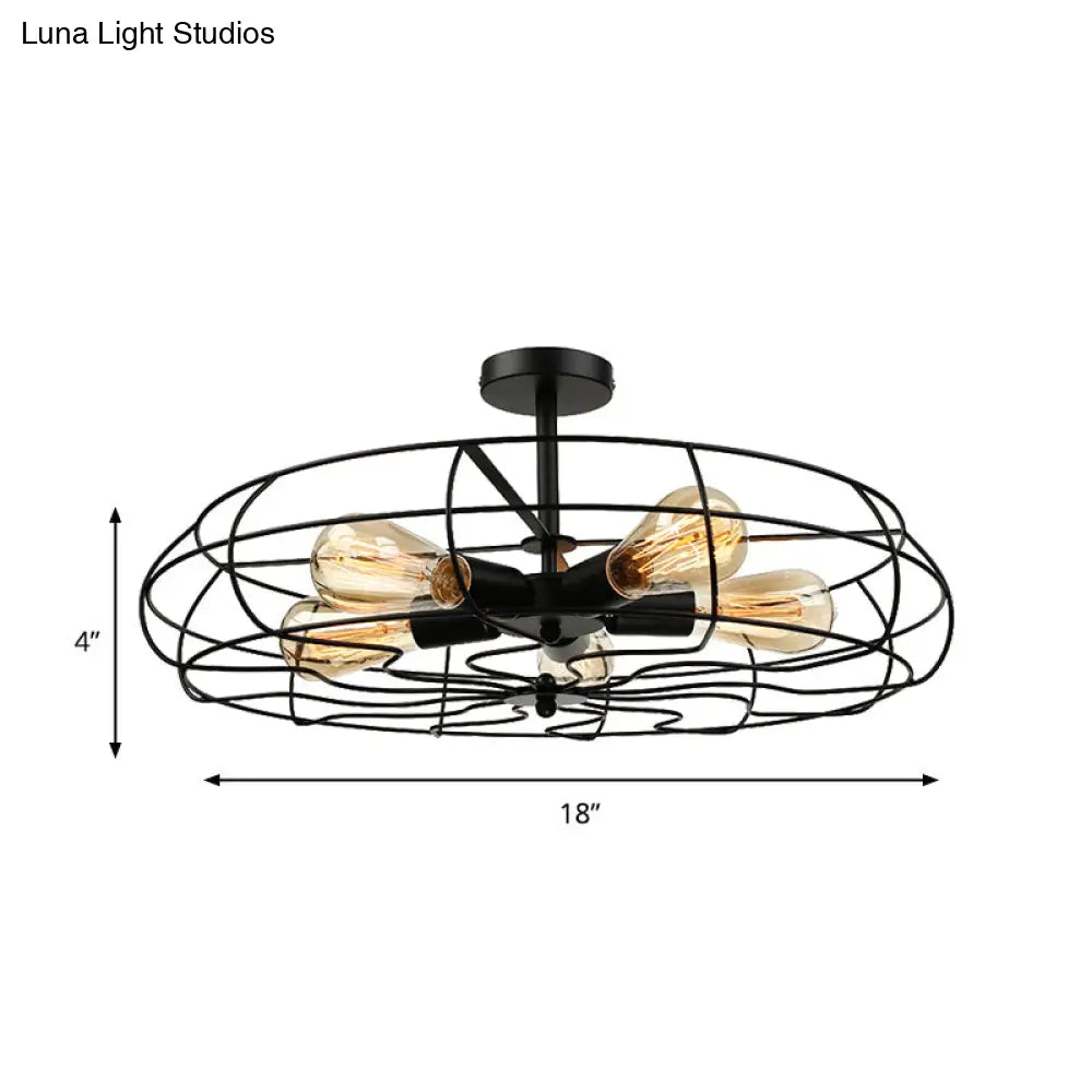 Vintage Fan Shaped 5-Light Iron Ceiling Light with Wire Cage Shade - Semi Flush Mount in Rust/Black, Ideal for Living Room