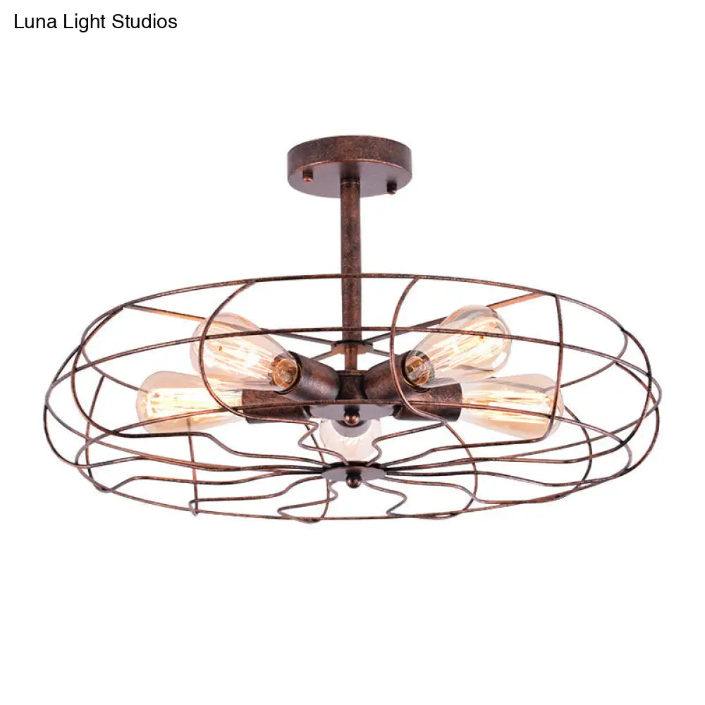 Vintage Fan Shaped 5-Light Iron Ceiling Light with Wire Cage Shade - Semi Flush Mount in Rust/Black, Ideal for Living Room