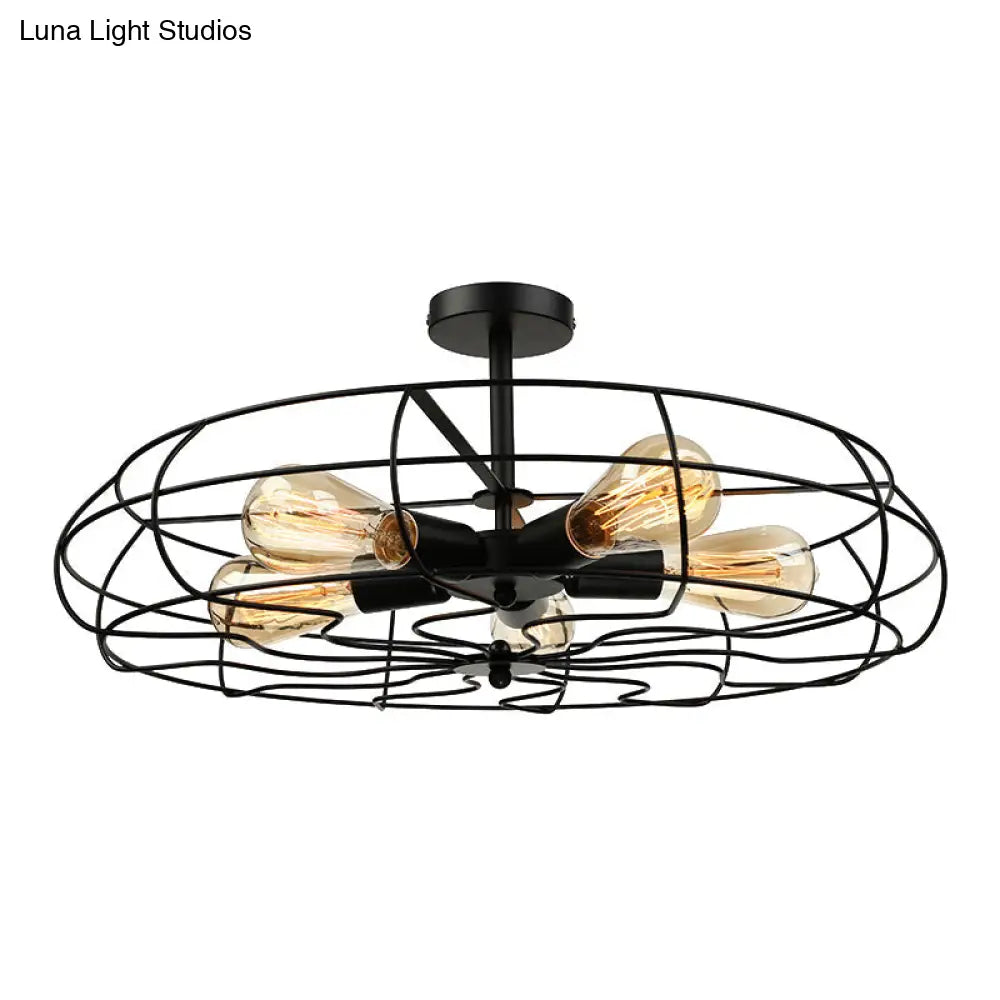 Vintage Fan Shaped 5-Light Iron Ceiling Light with Wire Cage Shade - Semi Flush Mount in Rust/Black, Ideal for Living Room