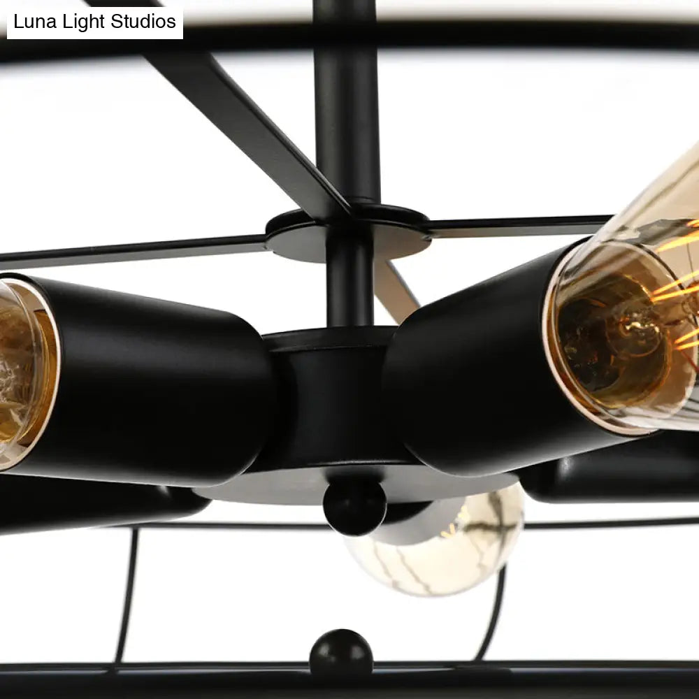 Vintage Fan Shaped 5-Light Iron Ceiling Light with Wire Cage Shade - Semi Flush Mount in Rust/Black, Ideal for Living Room