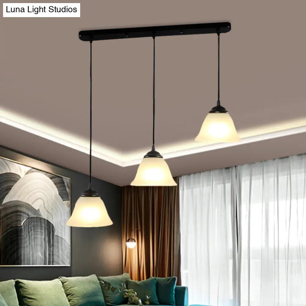 Vintage Flared White Glass Pendant Light Fixture for Dining Room, with 3-Light Multi Pendant Design and Linear Canopy