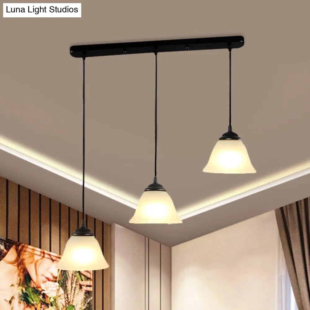 Vintage Flared White Glass Pendant Light Fixture for Dining Room, with 3-Light Multi Pendant Design and Linear Canopy