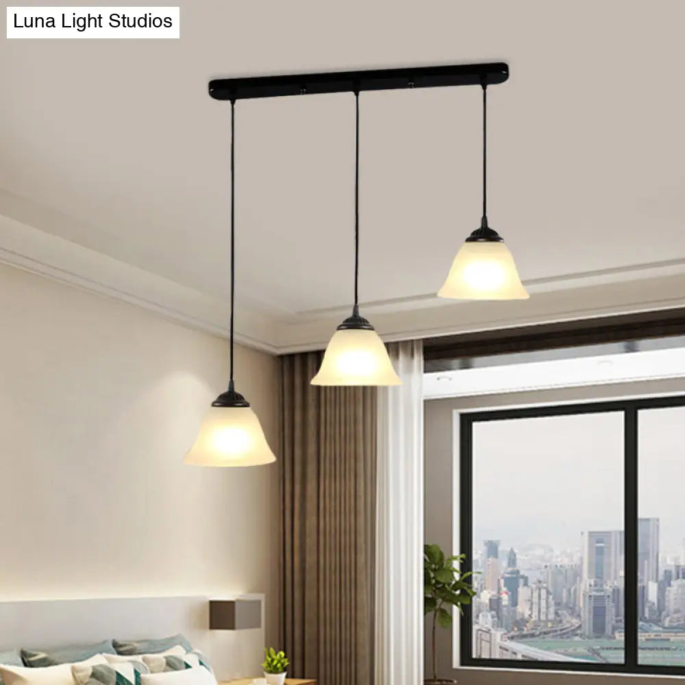 Vintage Flared White Glass Pendant Light Fixture for Dining Room, with 3-Light Multi Pendant Design and Linear Canopy