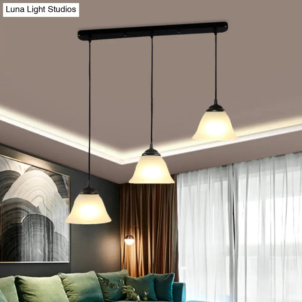 Vintage Flared White Glass Pendant Light Fixture for Dining Room, with 3-Light Multi Pendant Design and Linear Canopy