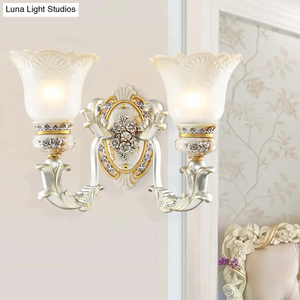 Vintage Floral Wall Lamp Kit with Frosted Glass Shade for Living Room Sconce Light in White-Gold