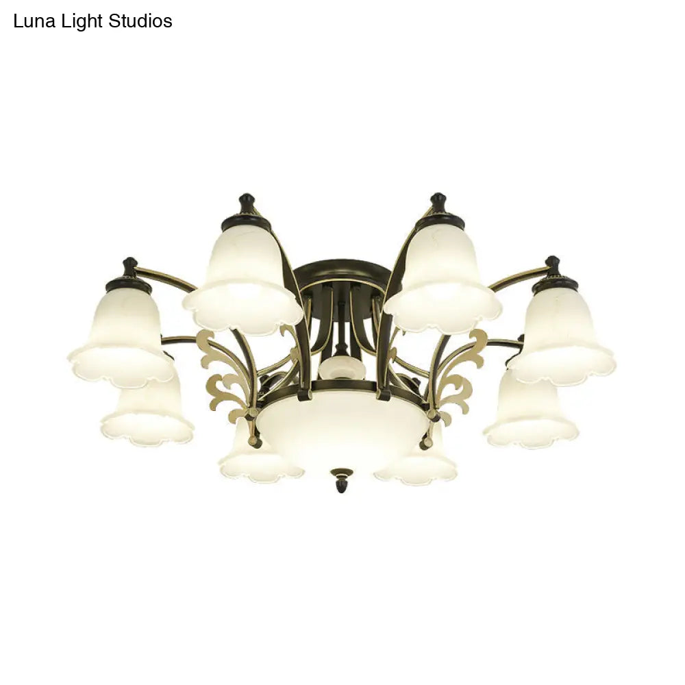 Vintage Floral White Glass Ceiling Lamp with 3/6/8 Lights for Dining Room - Semi Flush Mount in Black
