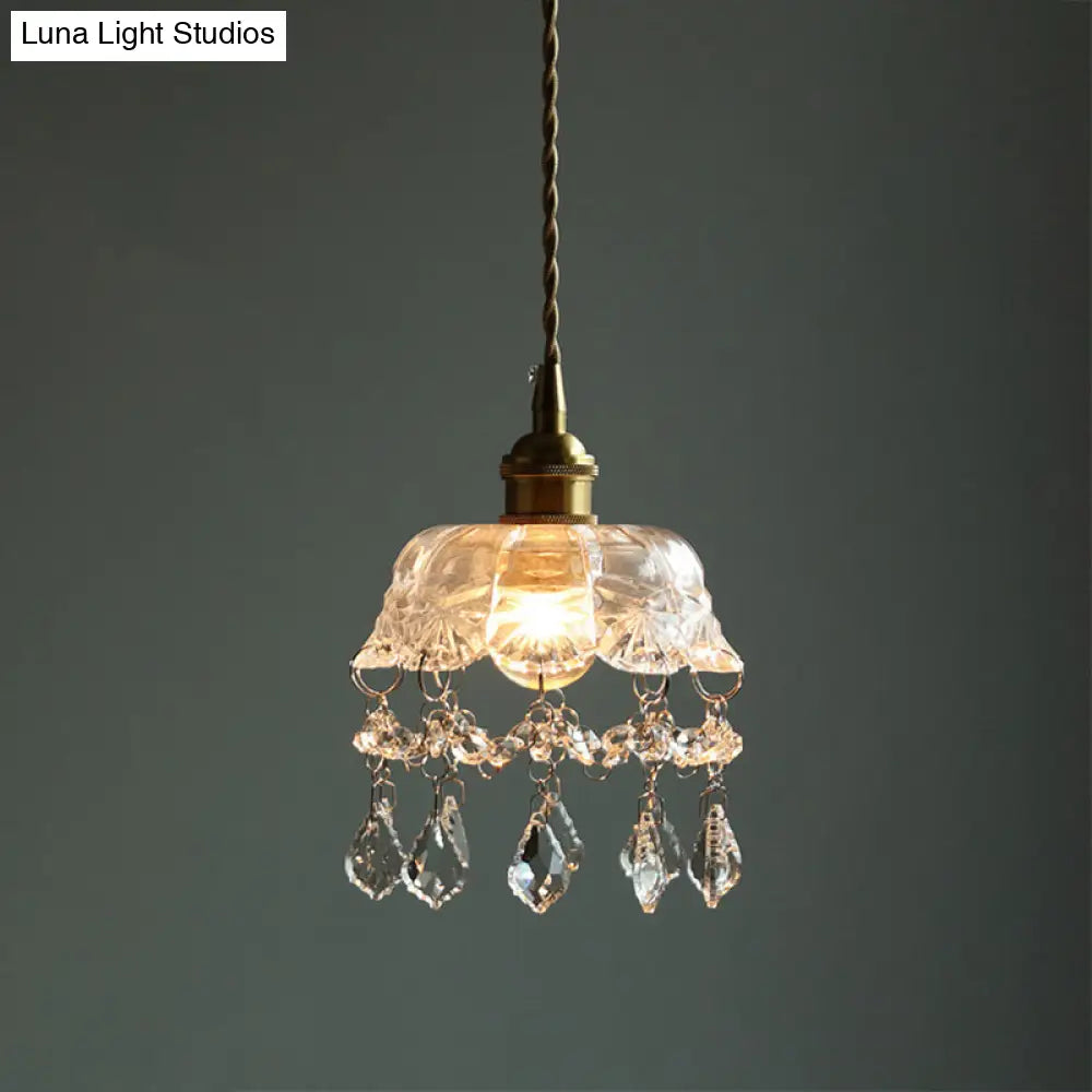 Vintage Flower Shaped Clear Glass Flower Pendant Light with Teardrop Crystals