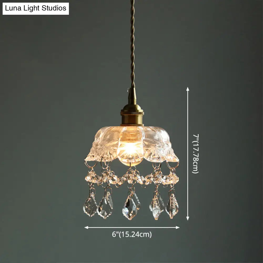 Vintage Flower Shaped Clear Glass Flower Pendant Light with Teardrop Crystals