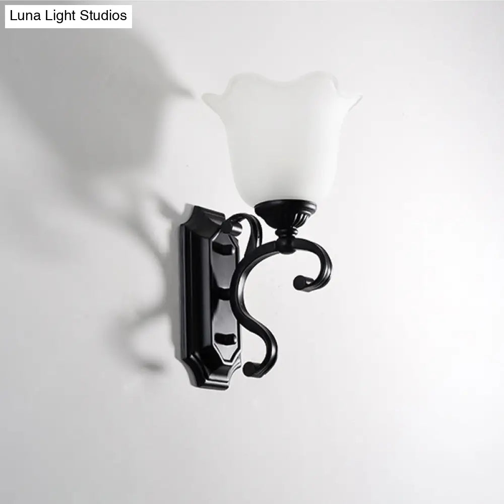 Vintage Flower Shaped Wall Mounted Lamp for Bedroom - Frost Glass Black Wall Light