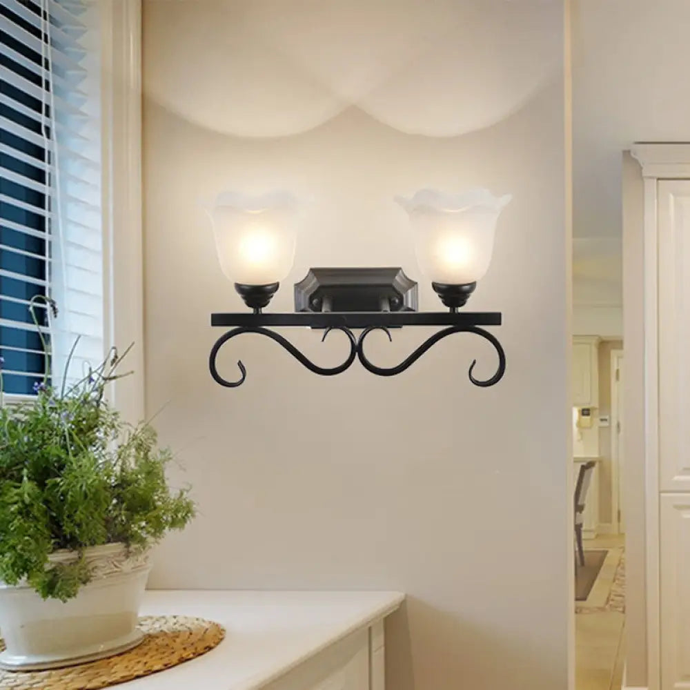 Vintage Flower Shaped Wall Mounted Lamp for Bedroom - Frost Glass Black Wall Light
