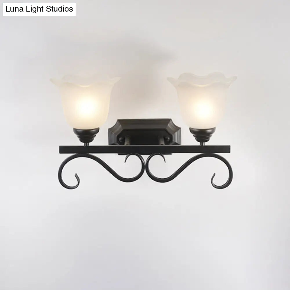 Vintage Flower Shaped Wall Mounted Lamp for Bedroom - Frost Glass Black Wall Light