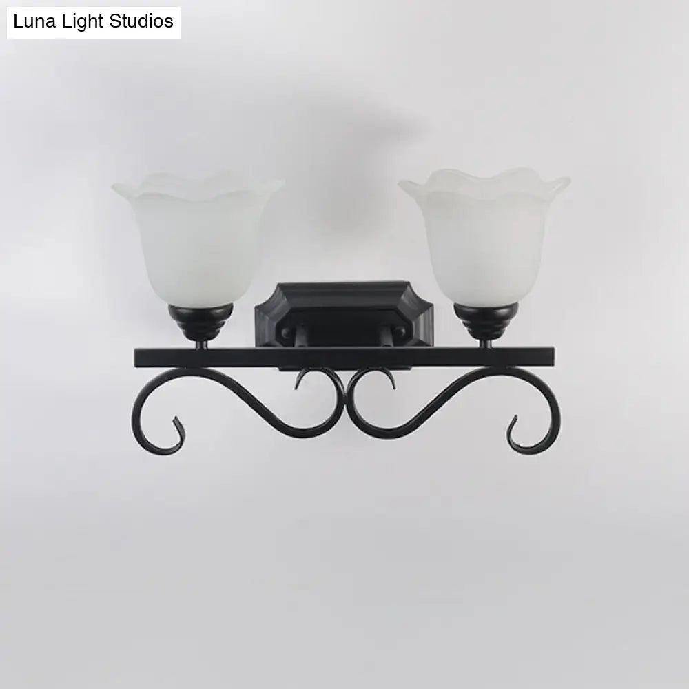 Vintage Flower Shaped Wall Mounted Lamp for Bedroom - Frost Glass Black Wall Light