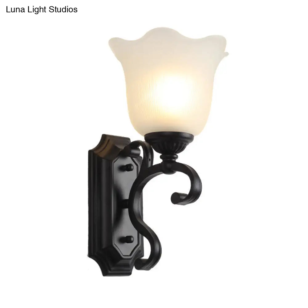 Vintage Flower Shaped Wall Mounted Lamp for Bedroom - Frost Glass Black Wall Light