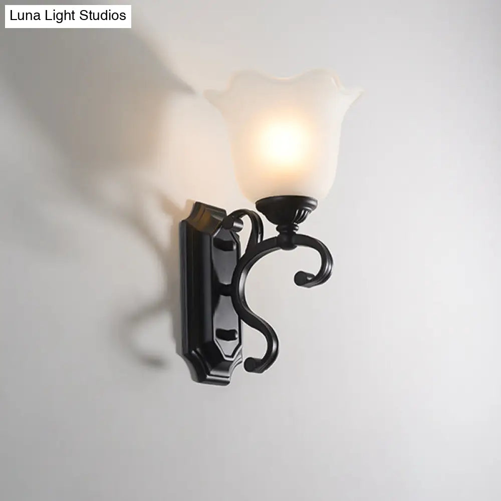 Vintage Flower Shaped Wall Mounted Lamp for Bedroom - Frost Glass Black Wall Light