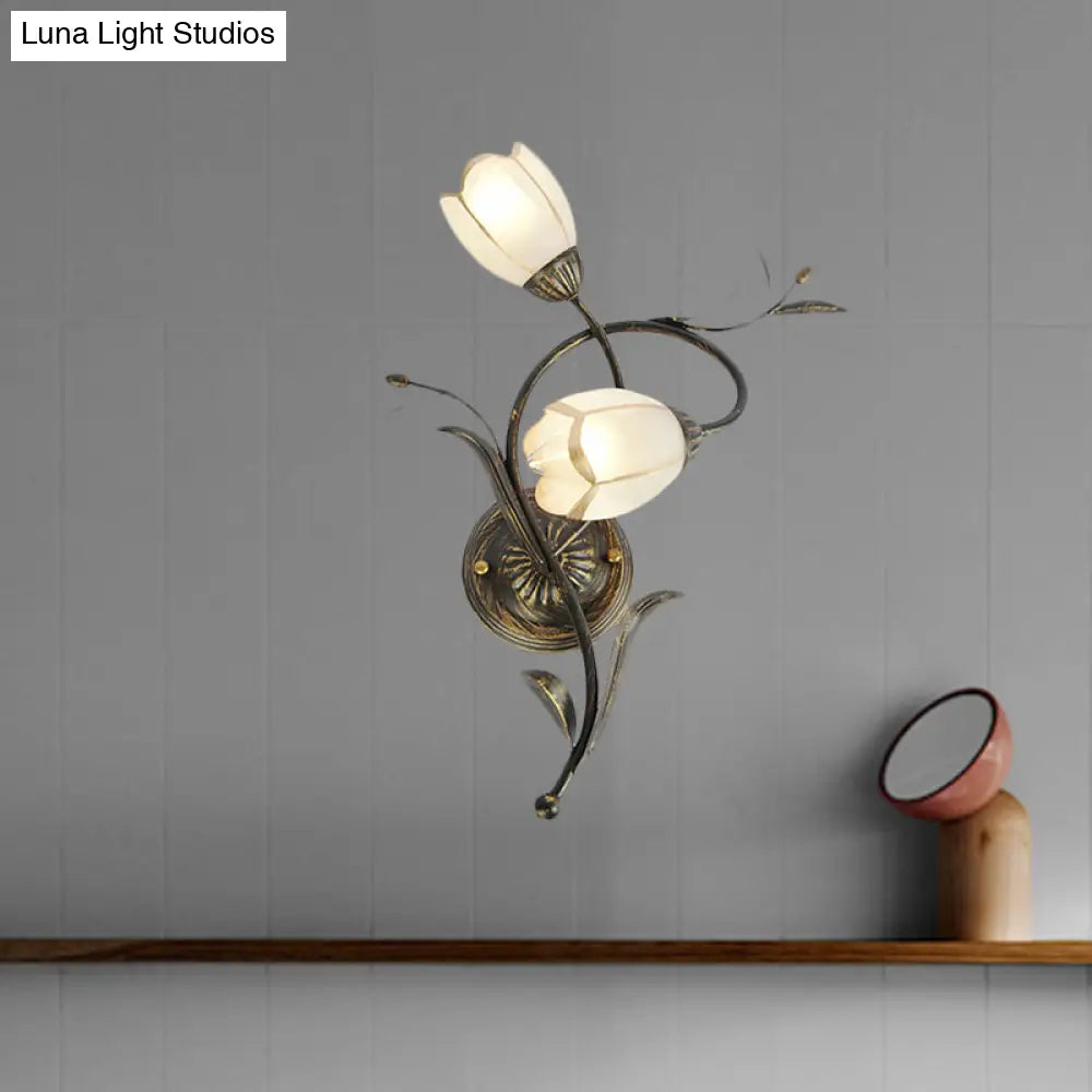Vintage Flower Wall Sconce Lighting - Bronze Frosted Glass Wall Light Fixture for Living Room - Right/Left