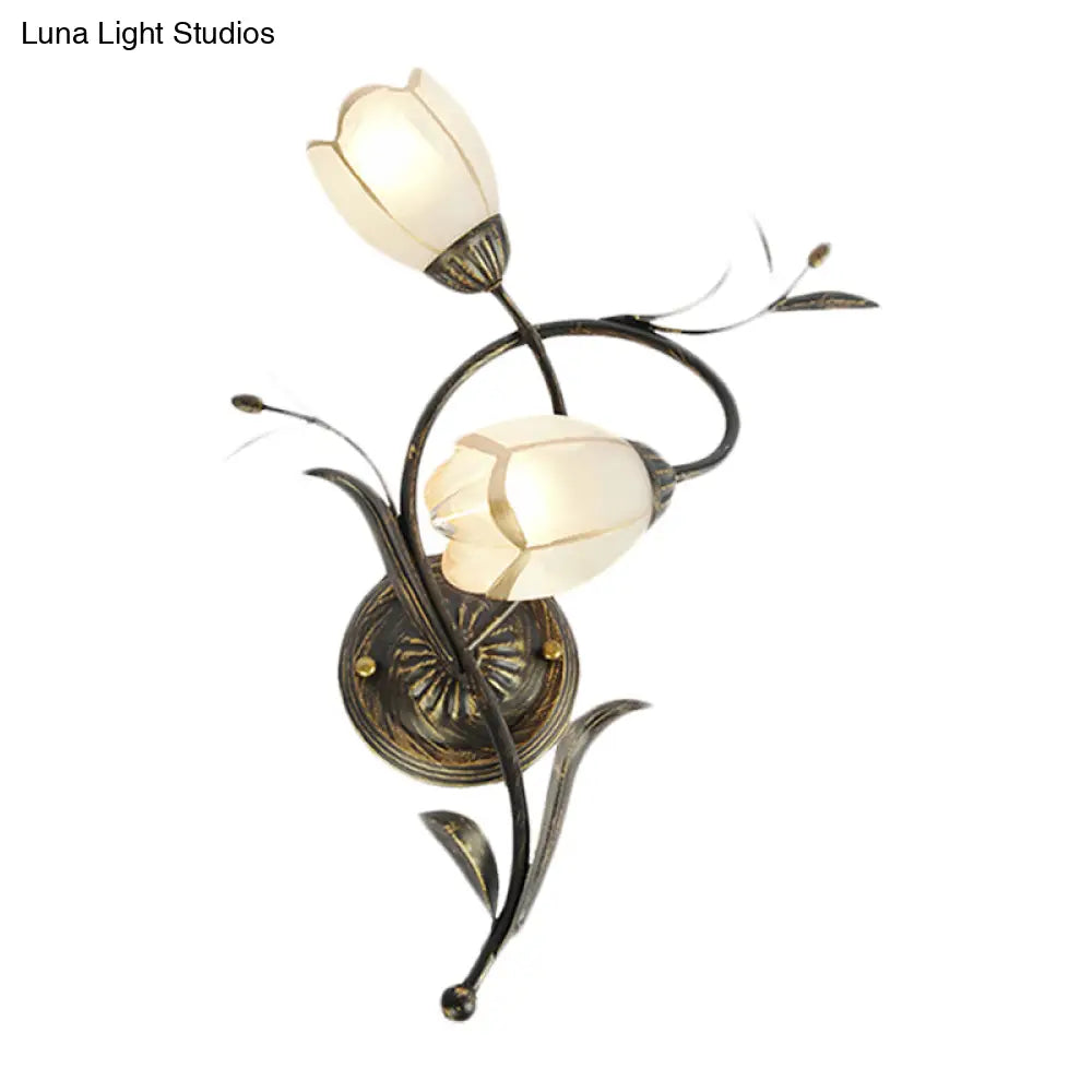 Vintage Flower Wall Sconce Lighting - Bronze Frosted Glass Wall Light Fixture for Living Room - Right/Left