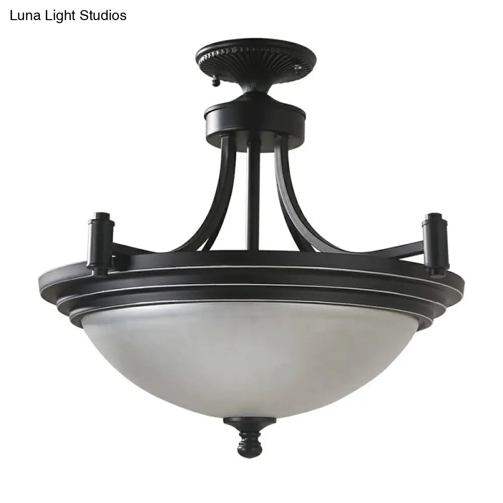 Vintage Frost Glass Semi Flush Mount with Bowl Shade: 3-Bulb Black Entryway Ceiling Light