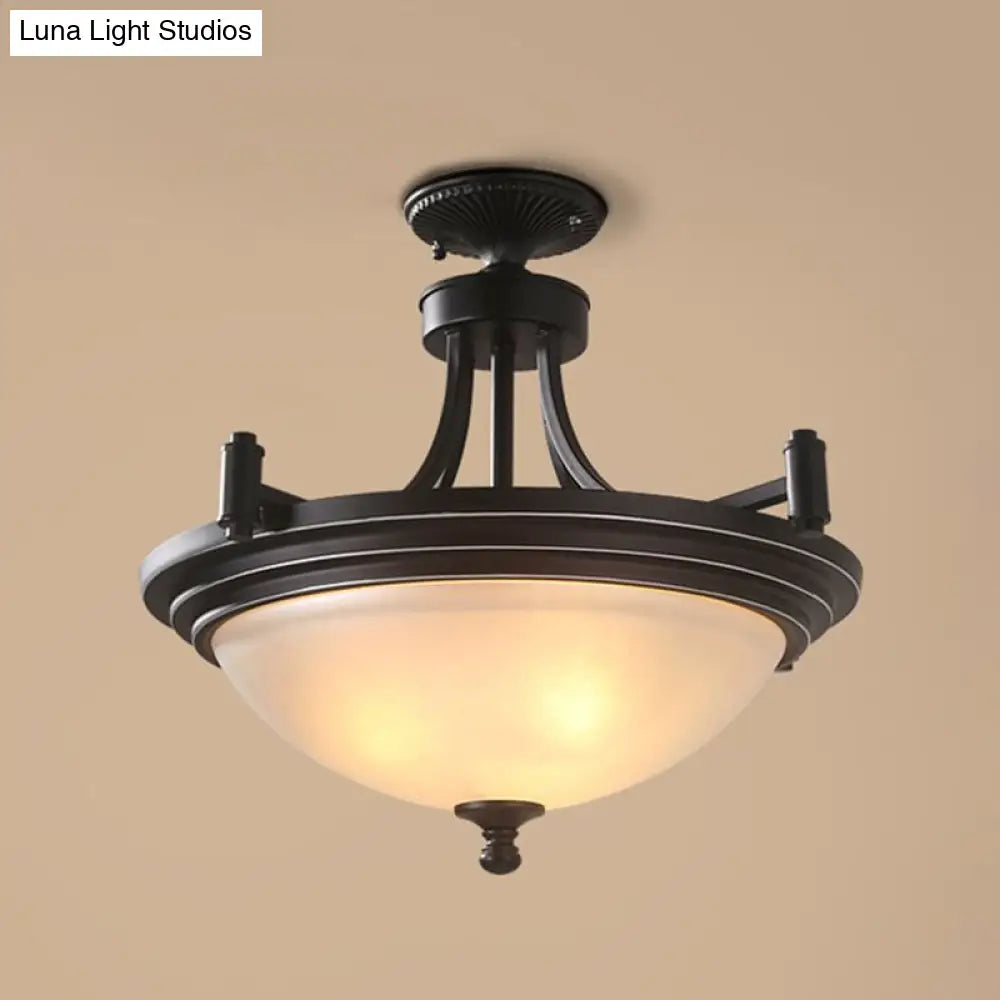 Vintage Frost Glass Semi Flush Mount with Bowl Shade: 3-Bulb Black Entryway Ceiling Light