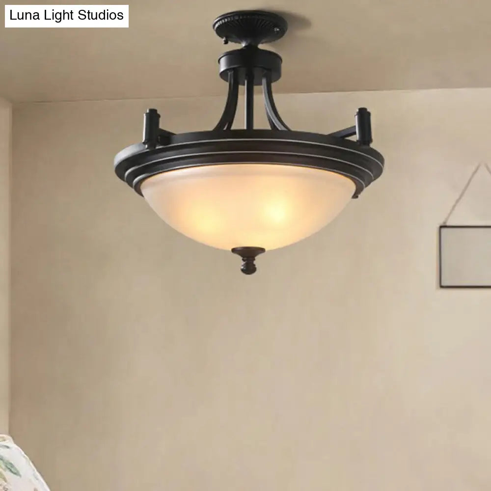 Vintage Frost Glass Semi Flush Mount with Bowl Shade: 3-Bulb Black Entryway Ceiling Light