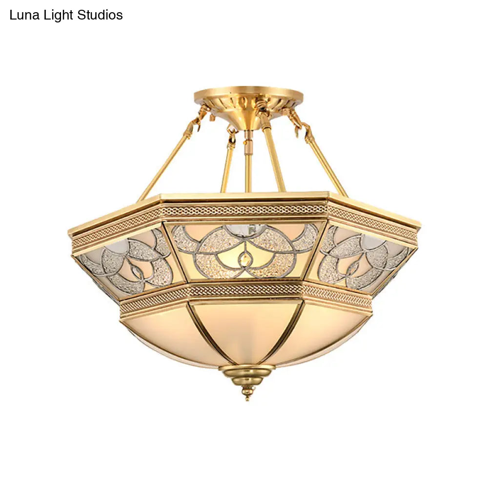 Vintage Frosted Glass Brass Bowl Semi Flush Mount - 4 Lights - Living Room Lighting
