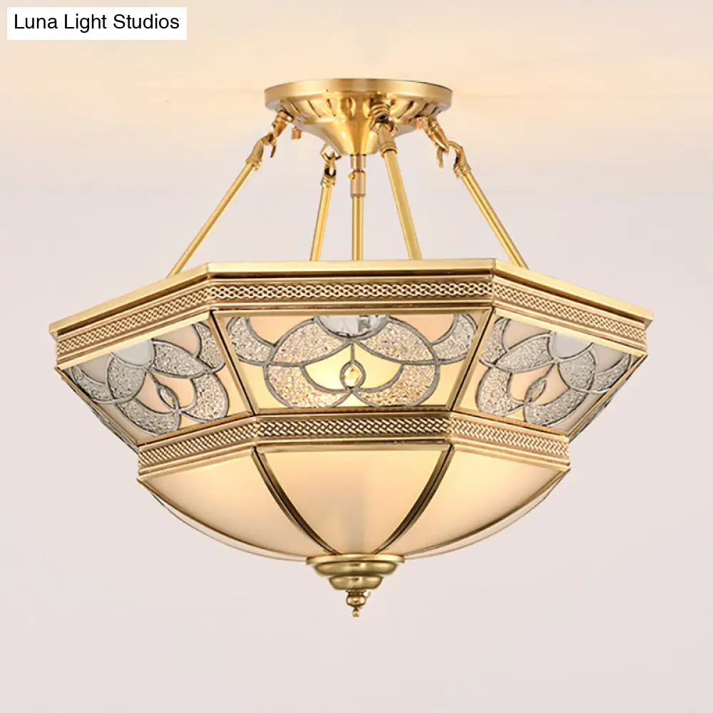 Vintage Frosted Glass Brass Bowl Semi Flush Mount - 4 Lights - Living Room Lighting