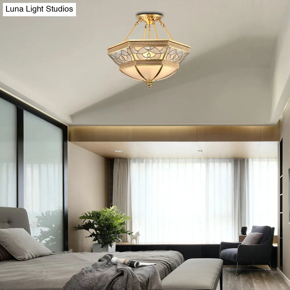 Vintage Frosted Glass Brass Bowl Semi Flush Mount - 4 Lights - Living Room Lighting
