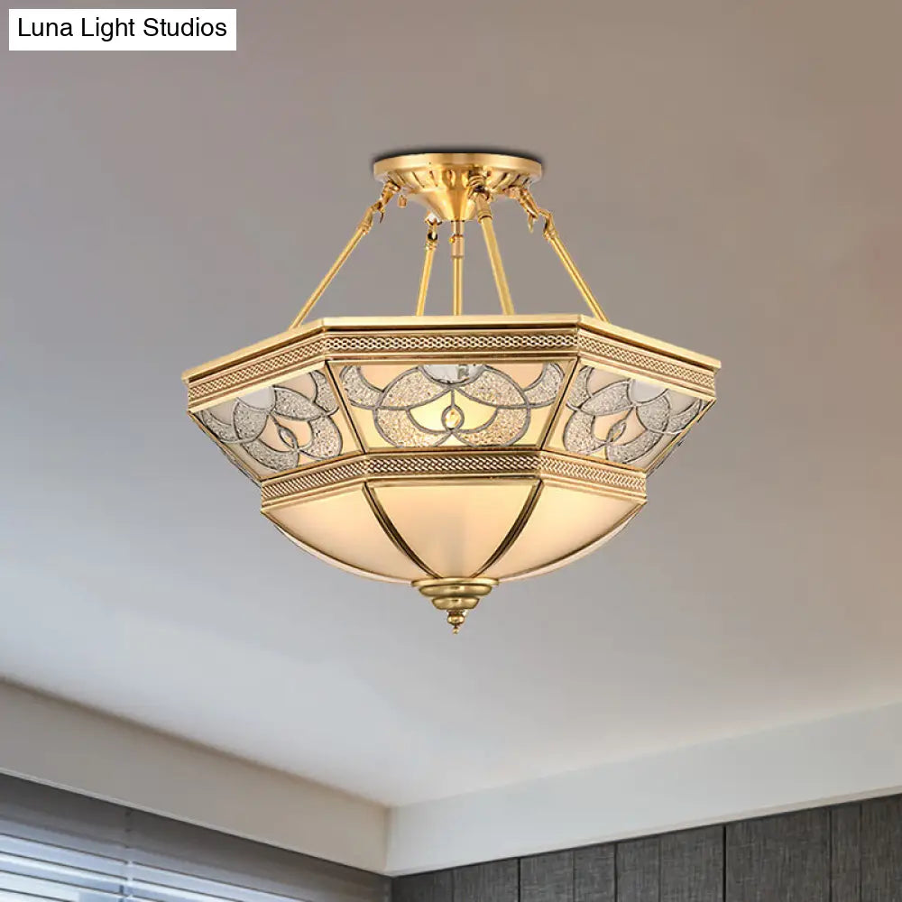 Vintage Frosted Glass Brass Bowl Semi Flush Mount - 4 Lights - Living Room Lighting