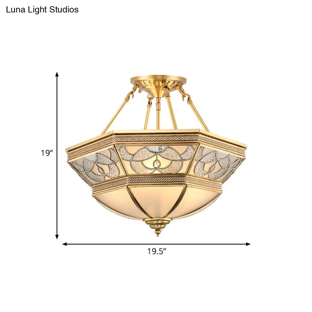 Vintage Frosted Glass Brass Bowl Semi Flush Mount - 4 Lights - Living Room Lighting