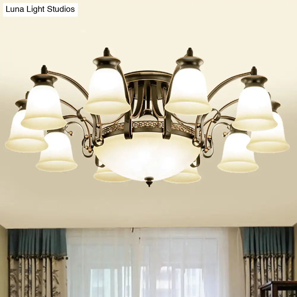 Vintage Frosted Glass Flared Shade Semi Flush Mount Chandelier - Black