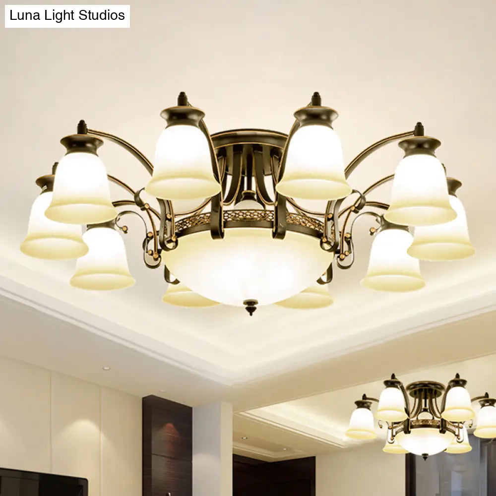 Vintage Frosted Glass Flared Shade Semi Flush Mount Chandelier - Black