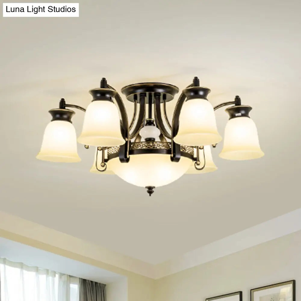 Vintage Frosted Glass Flared Shade Semi Flush Mount Chandelier - Black