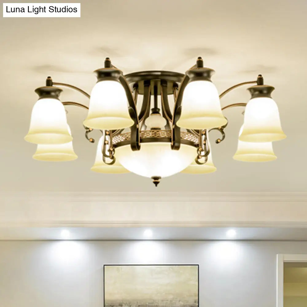 Vintage Frosted Glass Flared Shade Semi Flush Mount Chandelier - Black