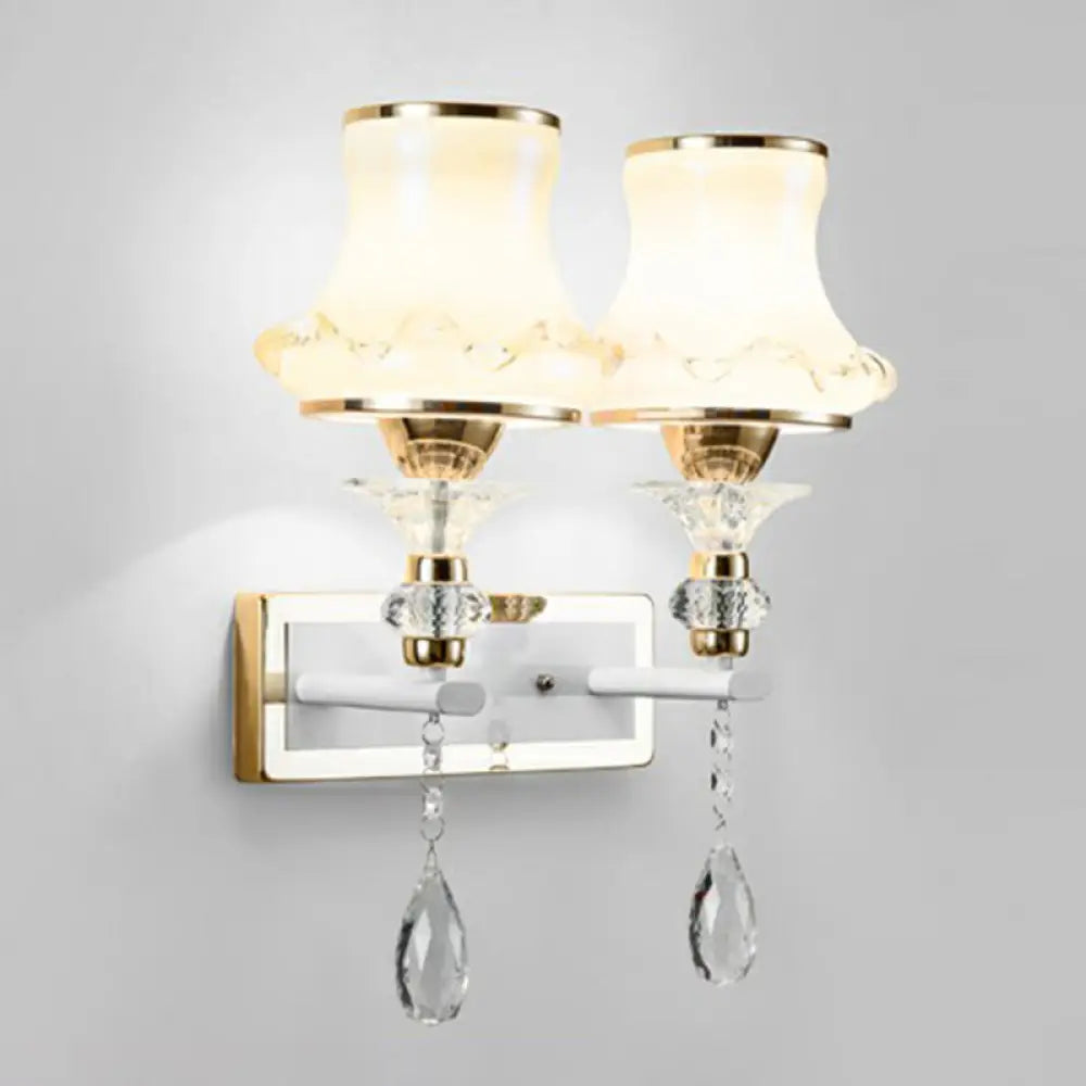 Vintage Frosted Glass Flared Wall Sconce with Crystal Accents for Living Room