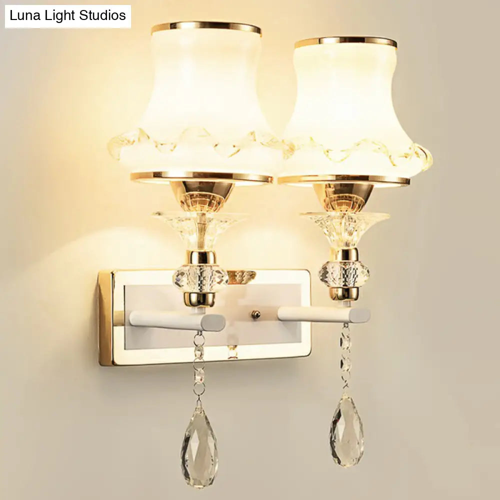 Vintage Frosted Glass Flared Wall Sconce with Crystal Accents for Living Room