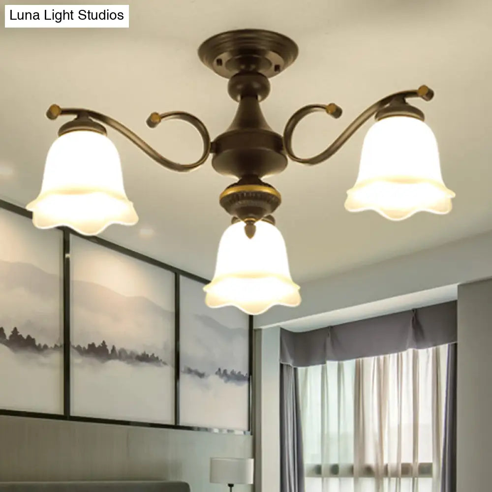 Vintage Frosted Glass Flower Shade Semi Flush Mount Chandelier for Bedroom Ceiling