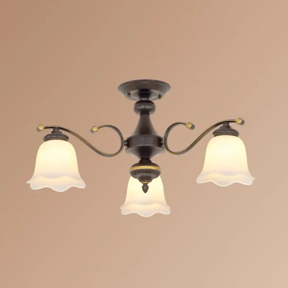 Vintage Frosted Glass Flower Shade Semi Flush Mount Chandelier for Bedroom Ceiling